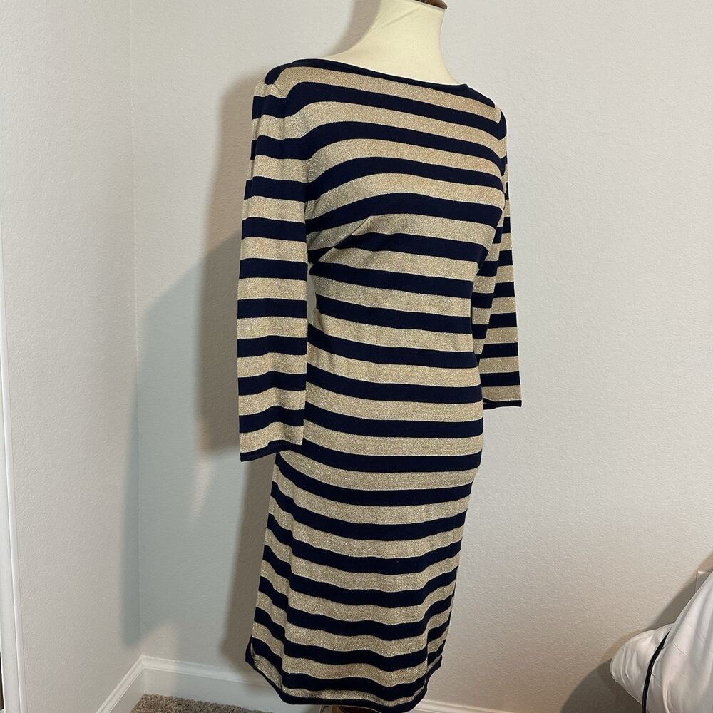 Ralph Lauren Sweater Dress Neutral Metallic Stripes Midi Office Bodycon Casual - Picture 12 of 12